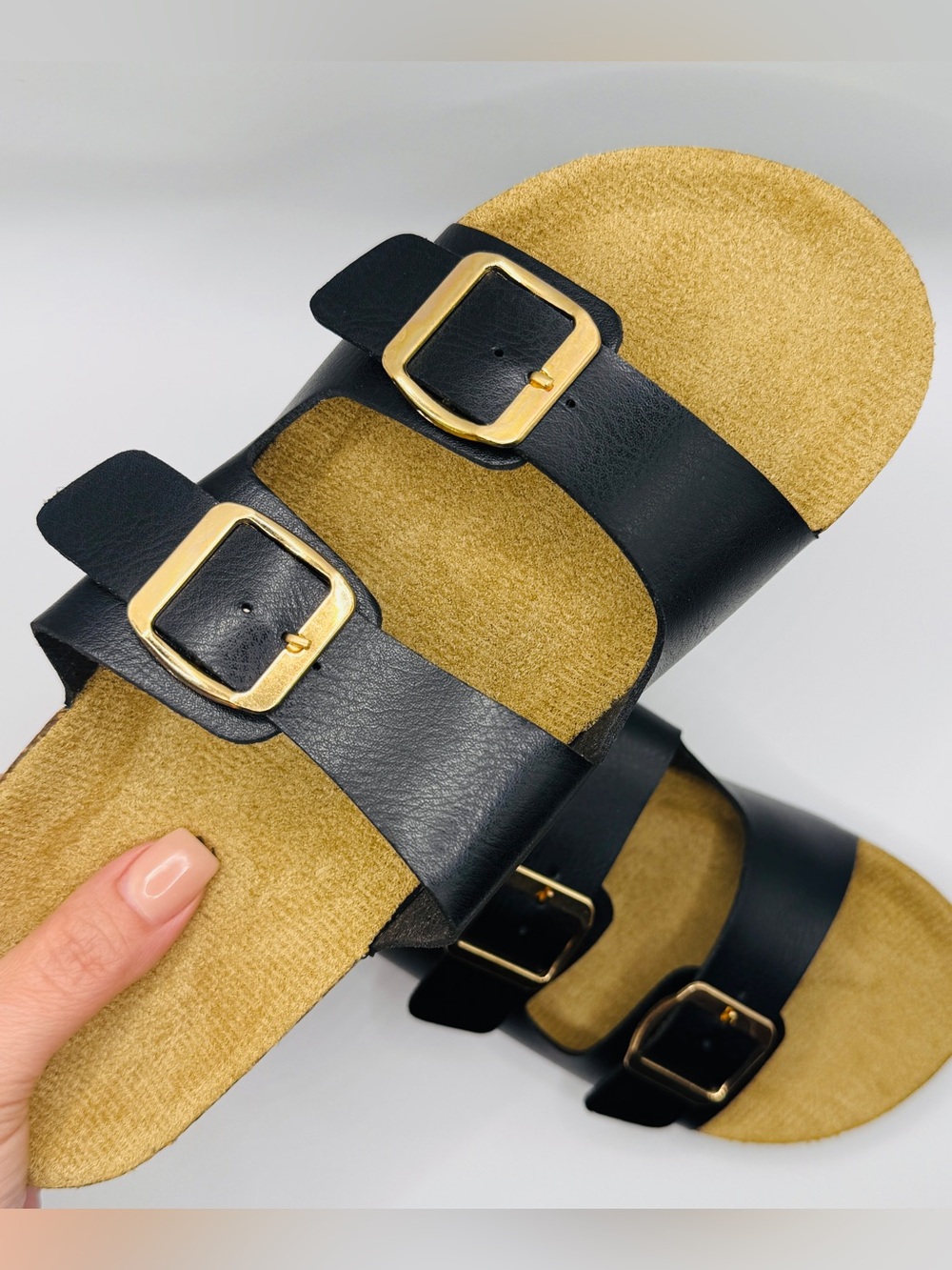 NWT Classic Double Buckle Black Cork Footbed Sandals - Size 6.5 - Picture 2 of 6